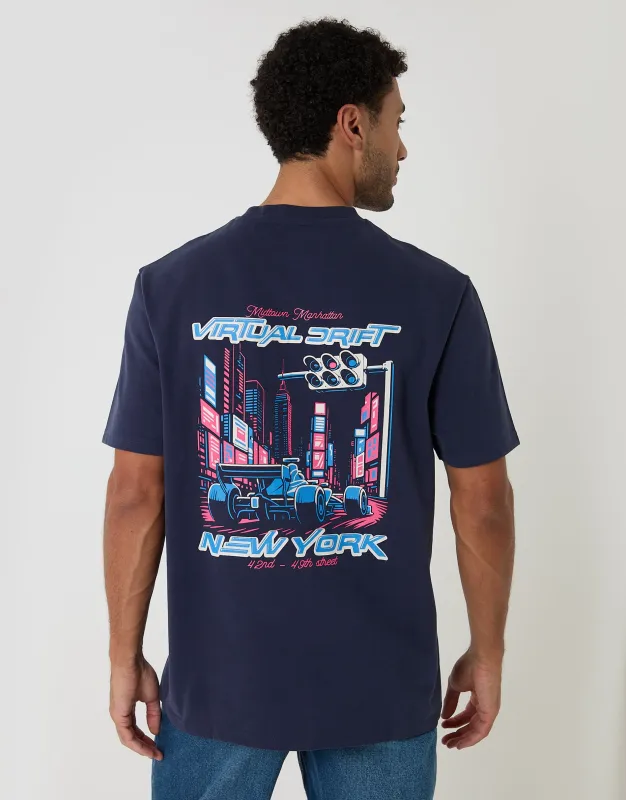 Relaxed Fit Midtown Peached Cotton T-Shirt in Navy made by Threadbare