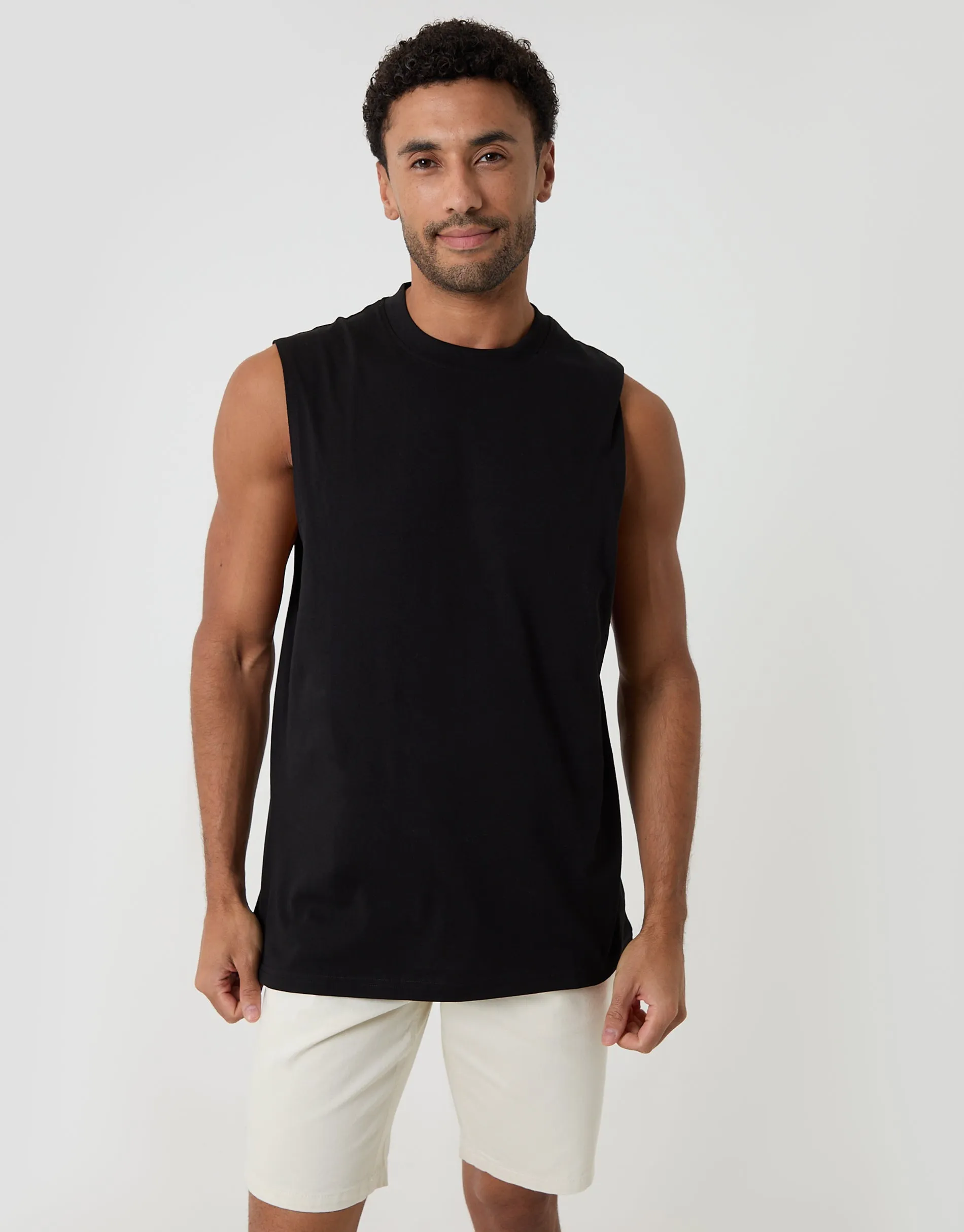 Relaxed Fit Cotton Crew Neck Vest in Black sold by Threadbare