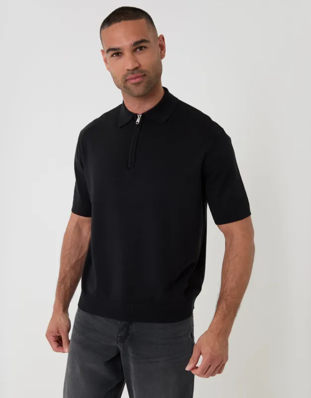 Black Relaxed Fit Knitted Quarter Zip Polo made by Threadbare