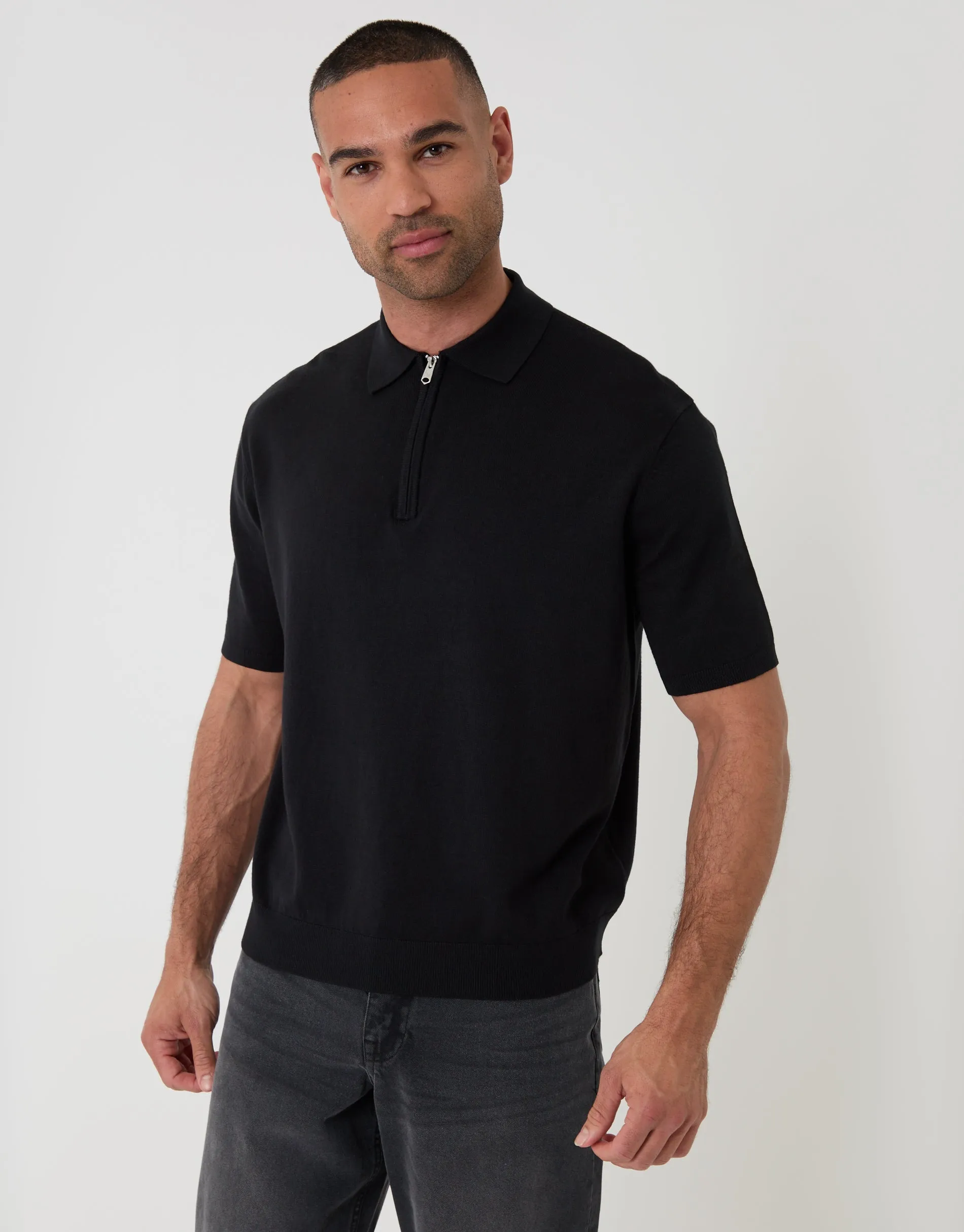 Black Relaxed Fit Knitted Quarter Zip Polo sold by Threadbare
