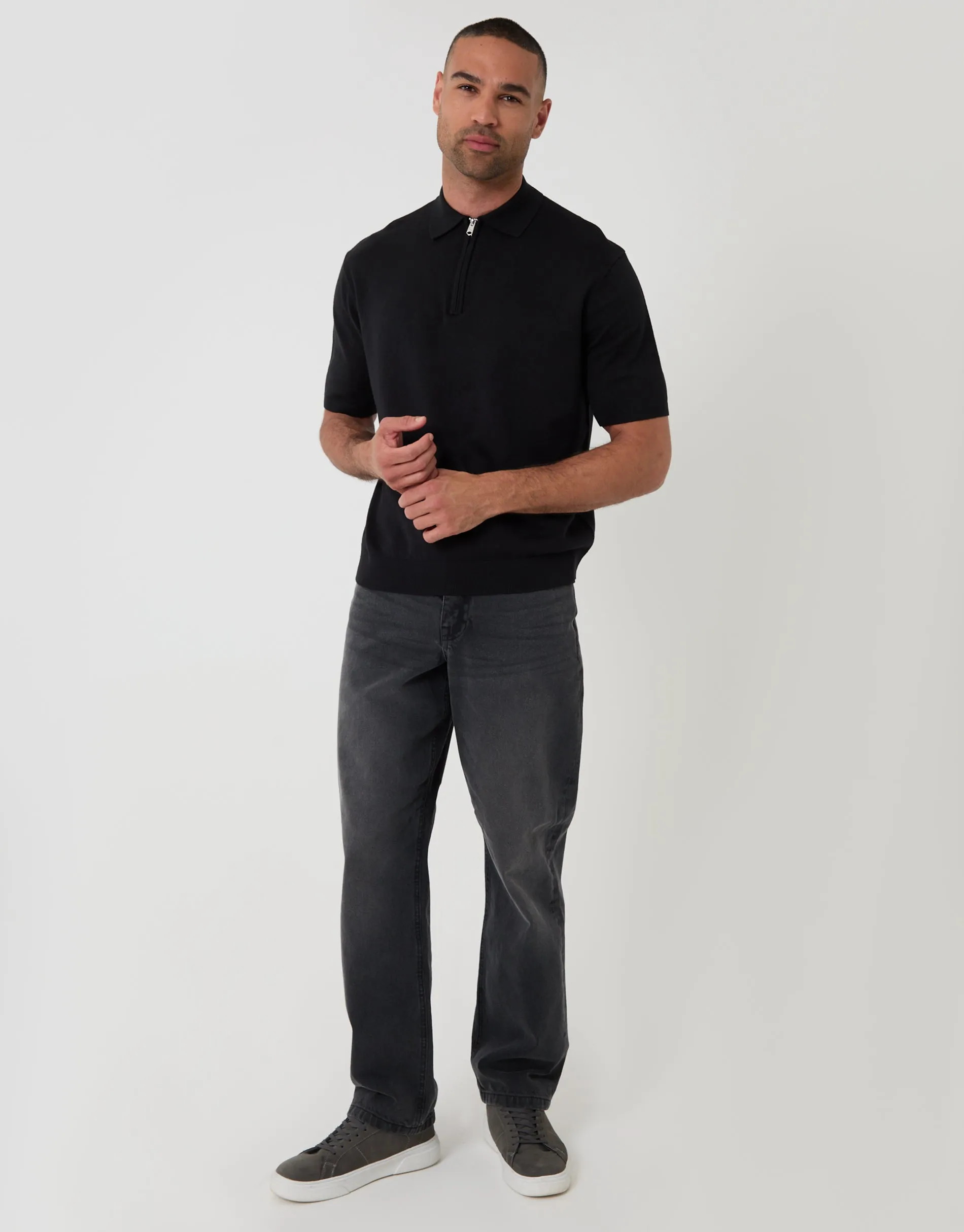 Black Relaxed Fit Knitted Quarter Zip Polo sold by Threadbare product image thumbnail 3