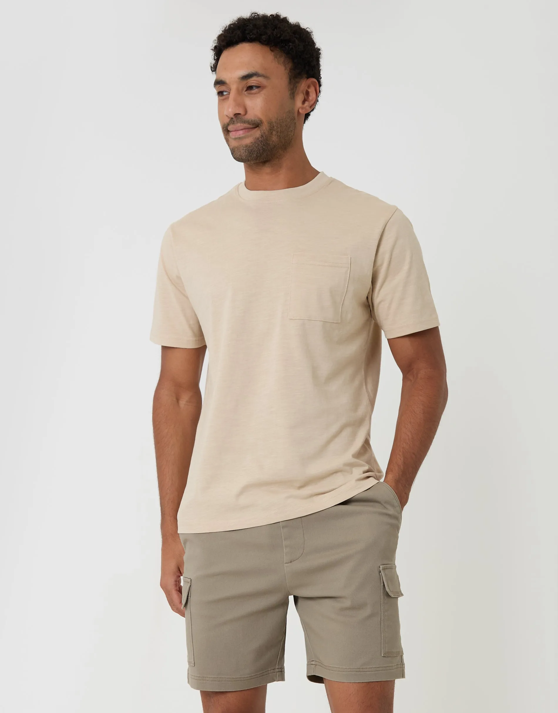 Shorter Length Elasticated Waist Stretch Cargo Shorts in Taupe sold by Threadbare