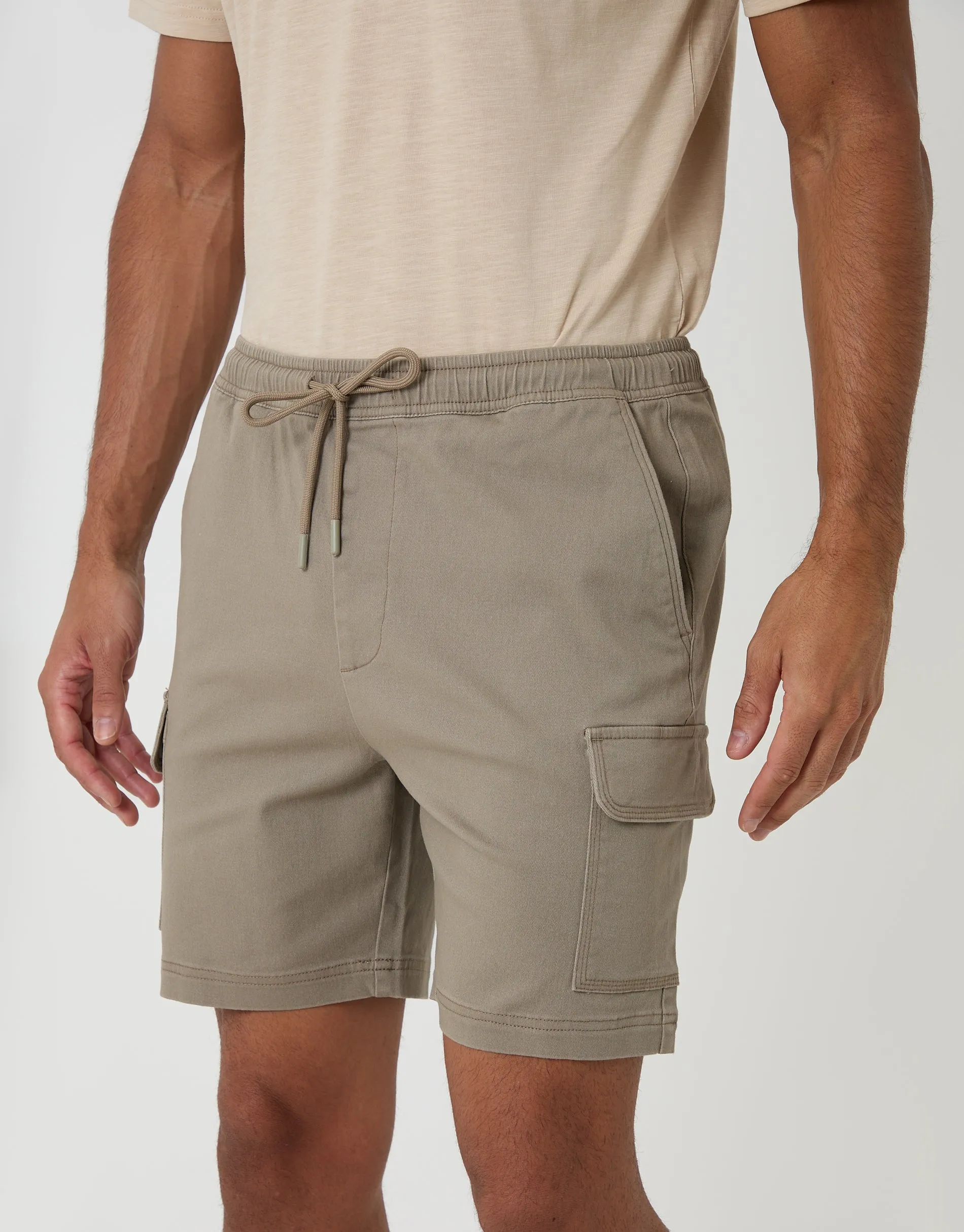 Shorter Length Elasticated Waist Stretch Cargo Shorts in Taupe sold by Threadbare product image thumbnail 2