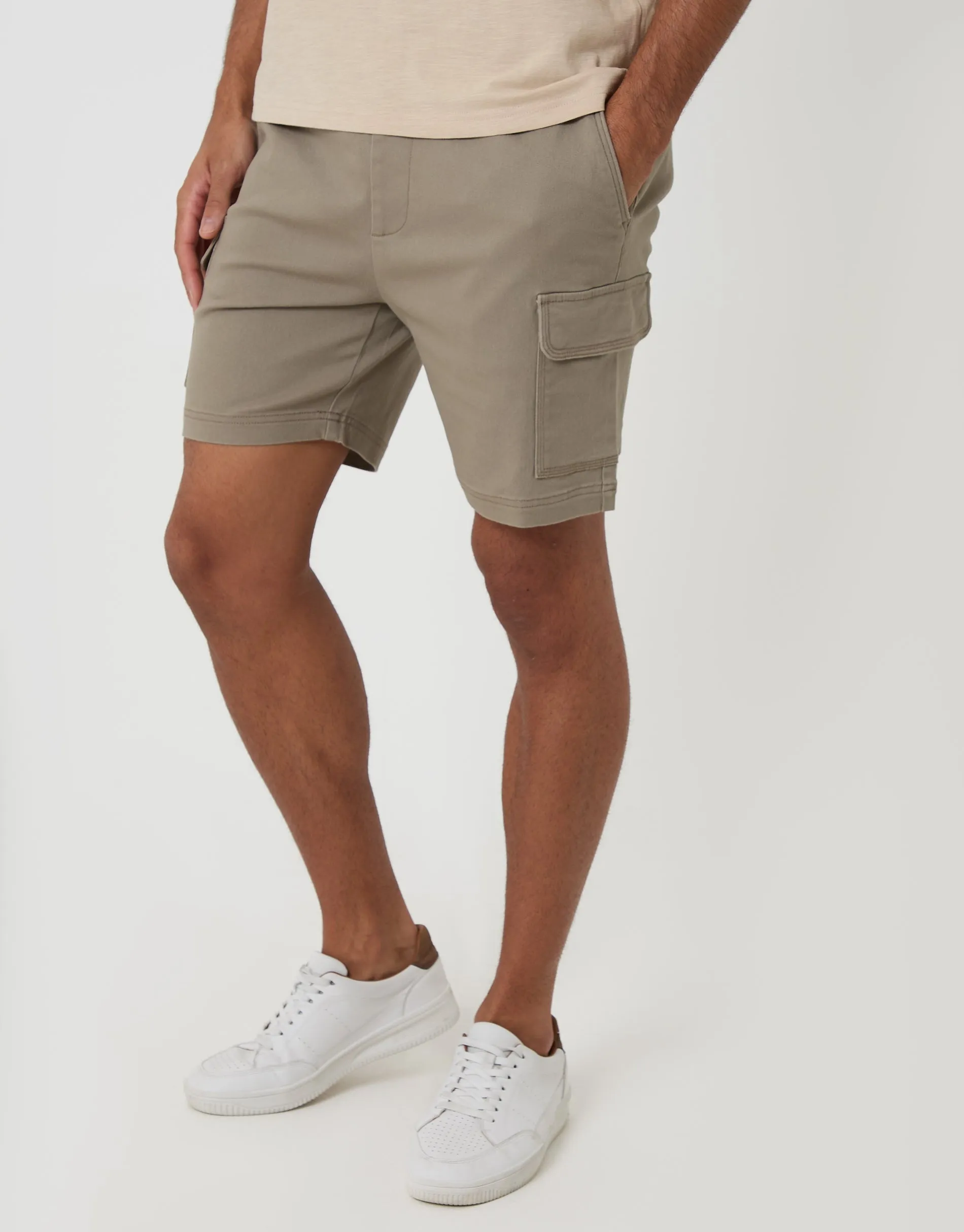 Shorter Length Elasticated Waist Stretch Cargo Shorts in Taupe sold by Threadbare product image thumbnail 3