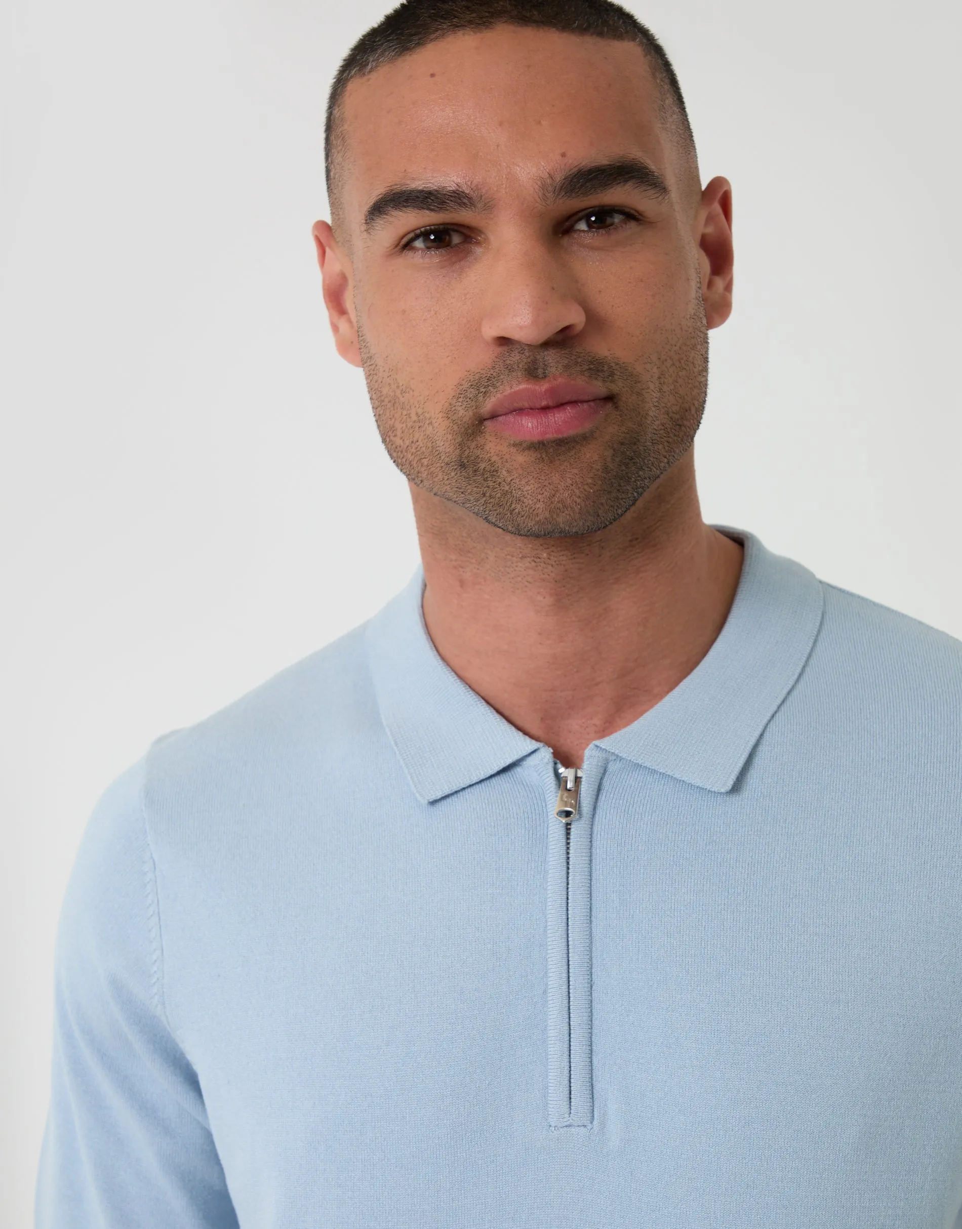 Quarter Zip Knitted Polo in Light Blue sold by Threadbare