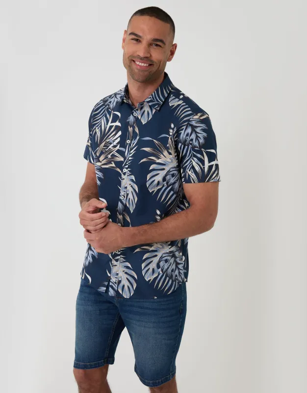 Leaf Print Cotton Poplin Short Sleeve Shirt in Navy made by Threadbare
