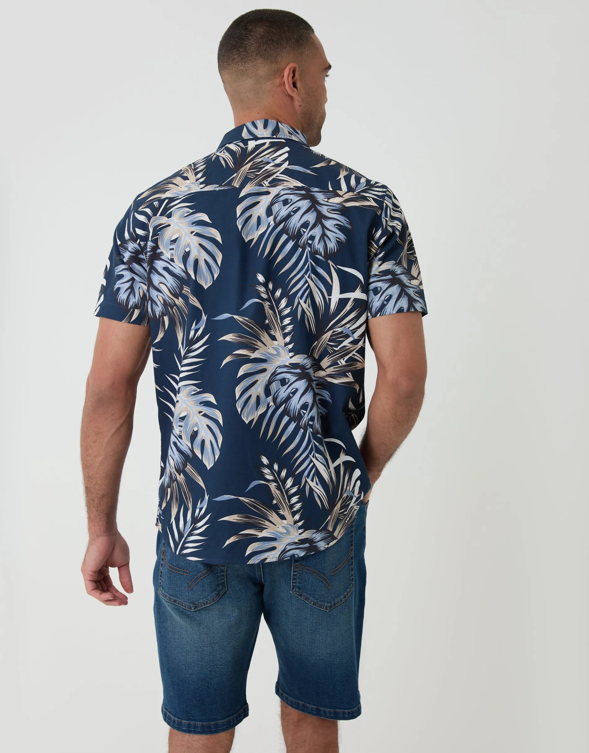 Leaf Print Cotton Poplin Short Sleeve Shirt in Navy sold by Threadbare product image thumbnail 2