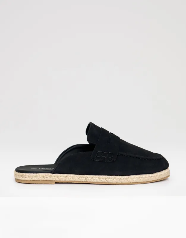 Faux Suede Penny Loafer Sandals in Black made by Threadbare