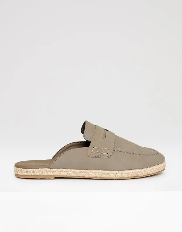Faux Suede Penny Loafer Sandals in Taupe made by Threadbare
