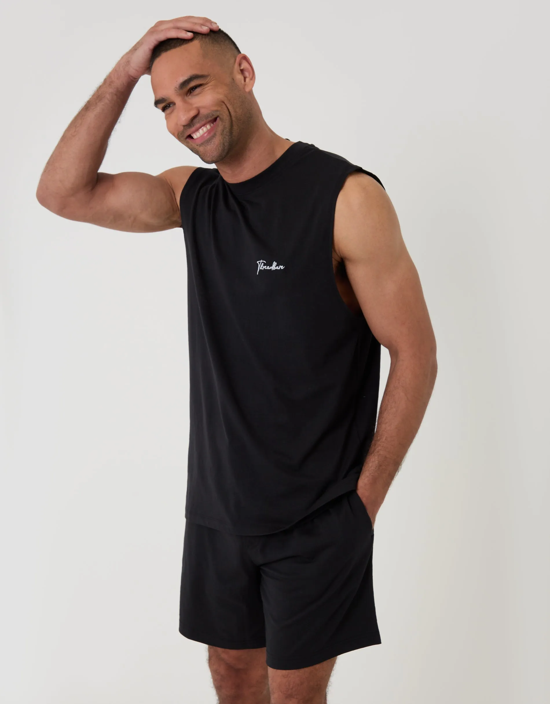 Relaxed Fit Sleeveless Short Lounge Set in Black sold by Threadbare