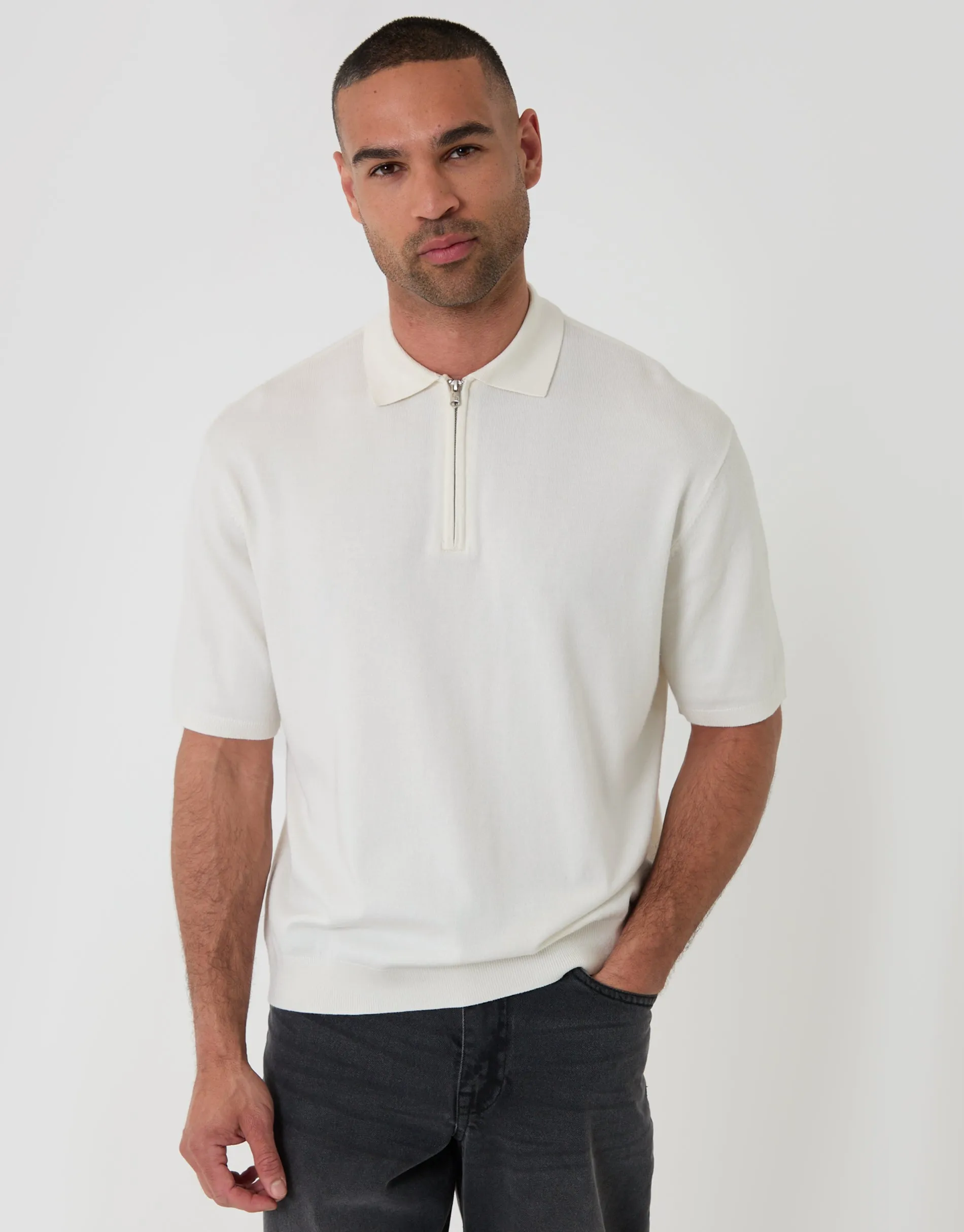 Ecru Relaxed Fit Knitted Quarter Zip Polo sold by Threadbare