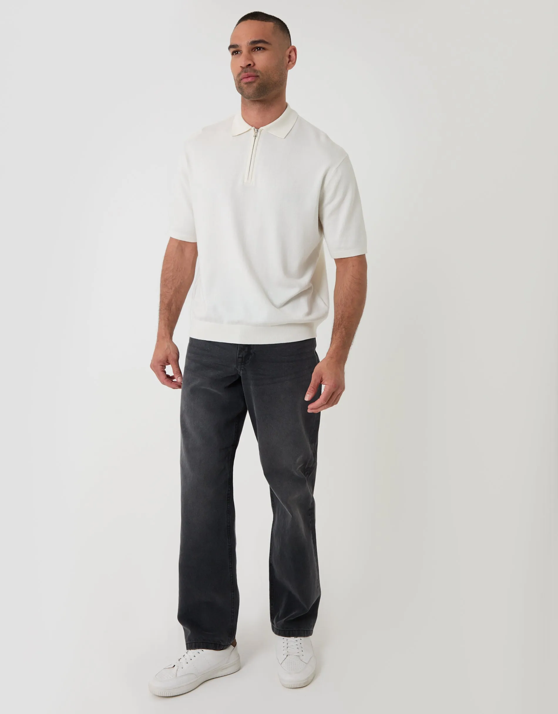 Ecru Relaxed Fit Knitted Quarter Zip Polo sold by Threadbare product image thumbnail 3