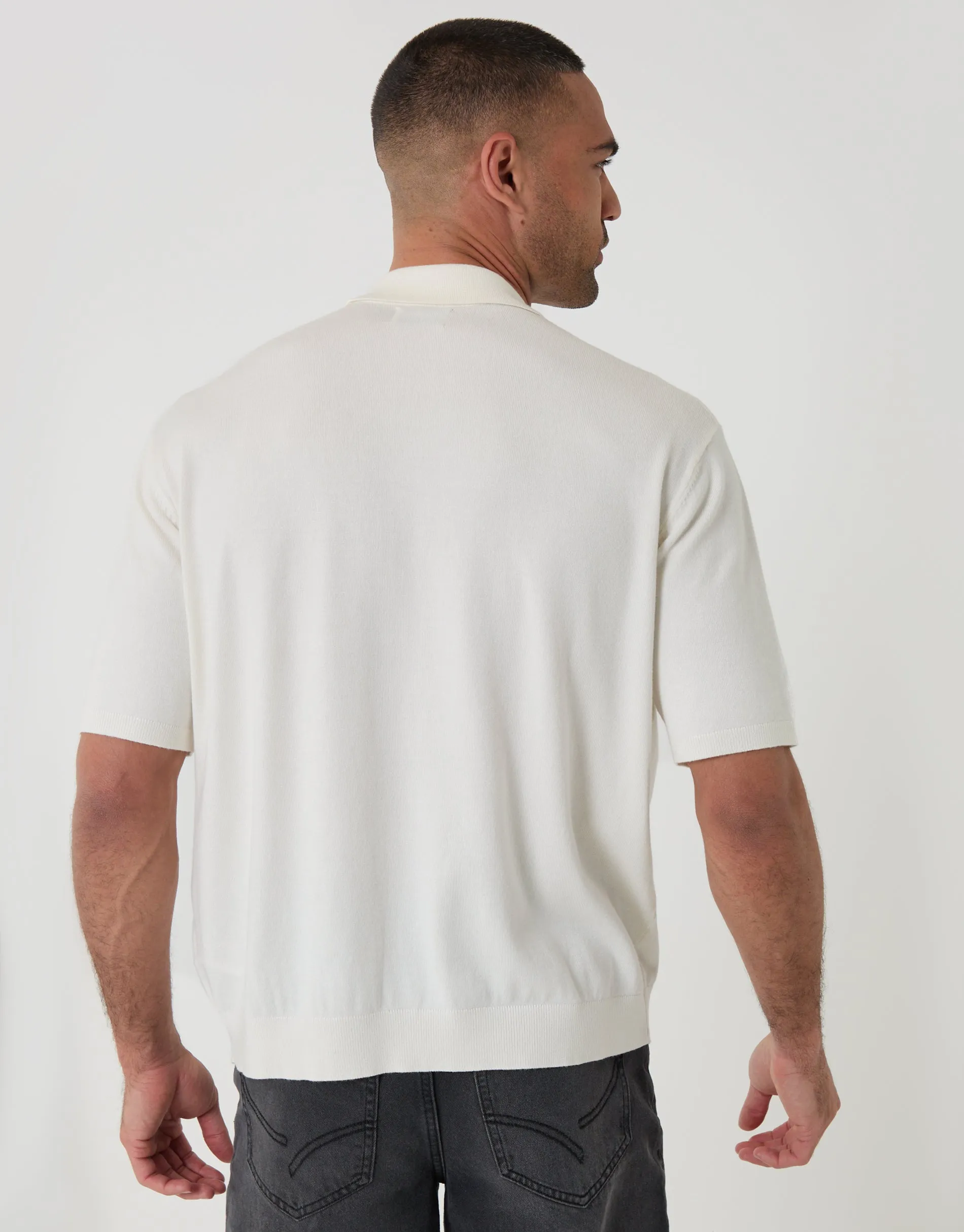 Ecru Relaxed Fit Knitted Quarter Zip Polo sold by Threadbare product image thumbnail 2