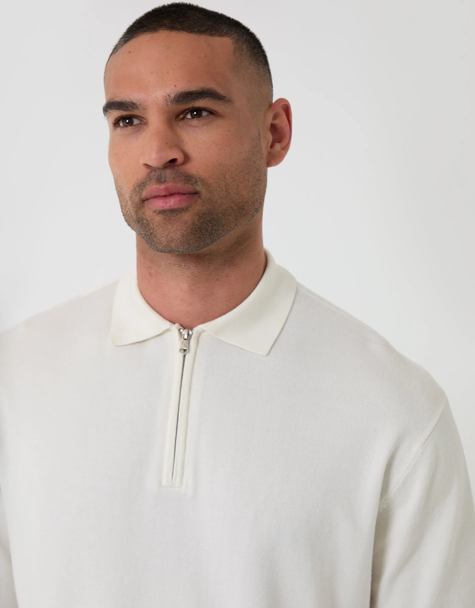 Ecru Relaxed Fit Knitted Quarter Zip Polo sold by Threadbare product image thumbnail 4