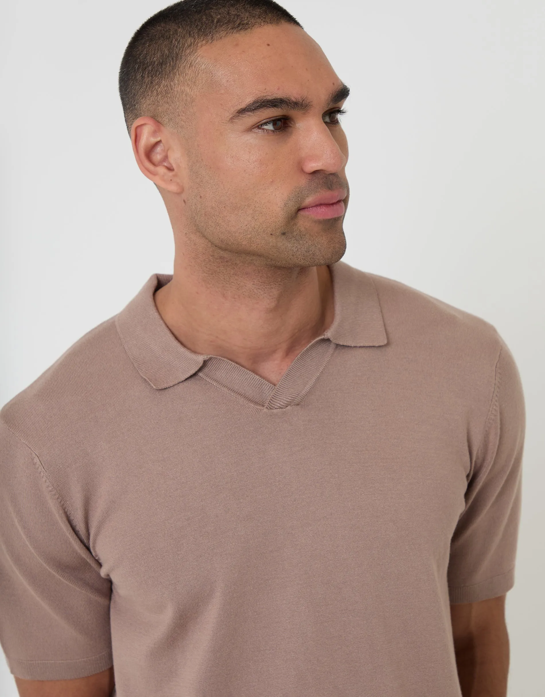 Knitted Trophy Neck Polo in Taupe sold by Threadbare product image thumbnail 4