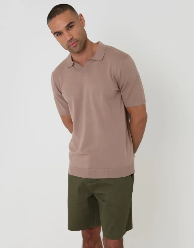 Knitted Trophy Neck Polo in Taupe made by Threadbare