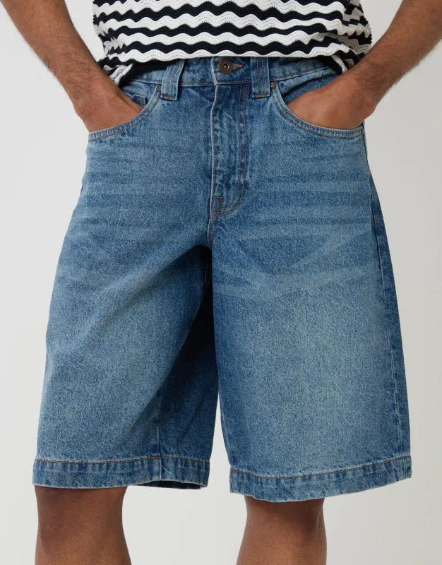 Baggy Fit Denim Shorts in Mid Wash made by Threadbare