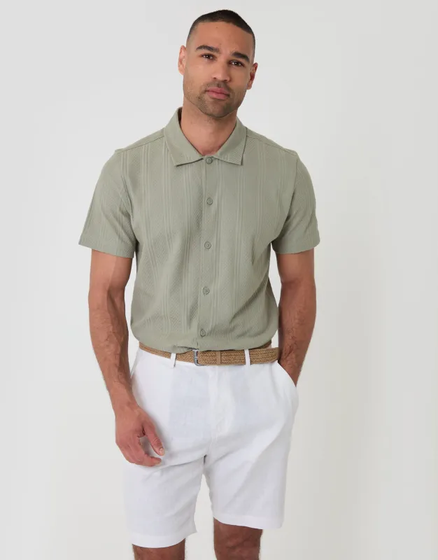 Regular Fit Linen Blend Shorts with Belt in White made by Threadbare