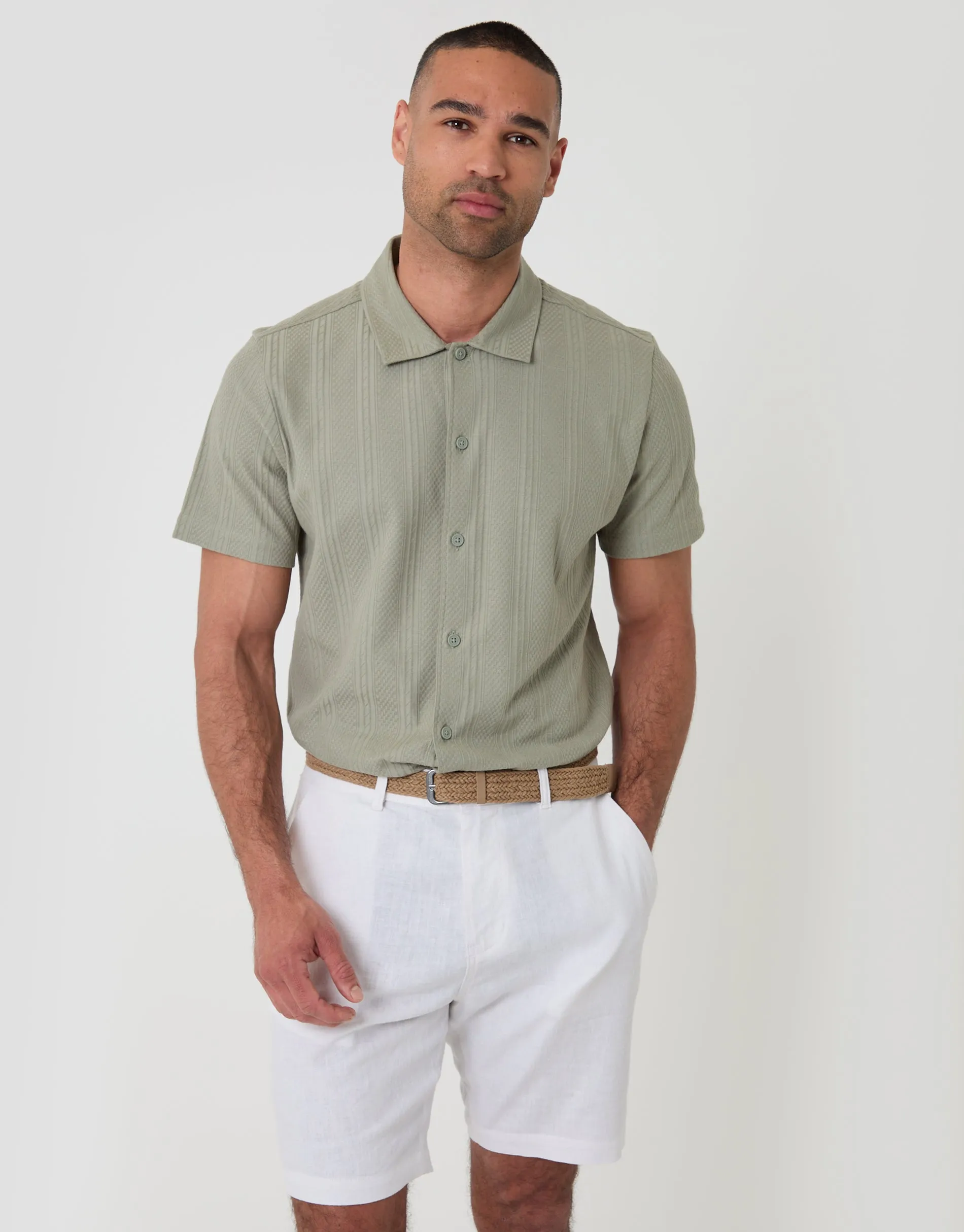 Regular Fit Linen Blend Shorts with Belt in White sold by Threadbare