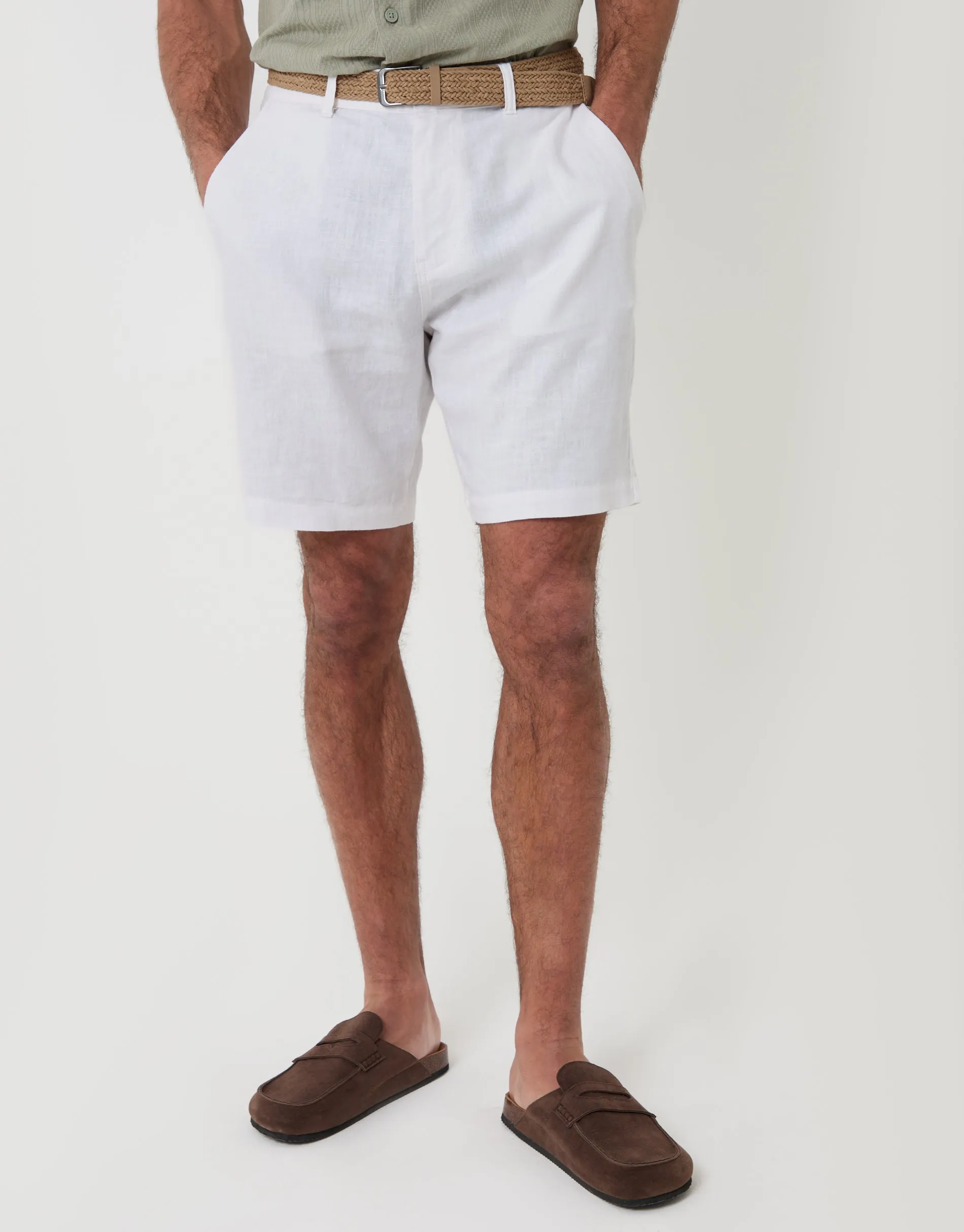 Regular Fit Linen Blend Shorts with Belt in White sold by Threadbare product image thumbnail 2