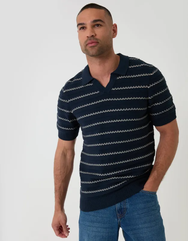 Textured Knitted Trophy Neck Polo in Navy Stripe made by Threadbare