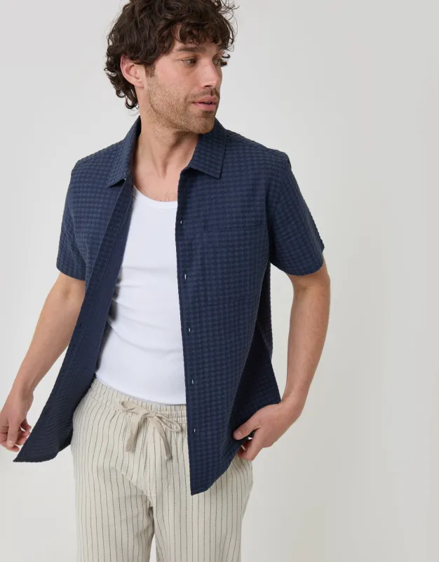 Textured Cotton Short Sleeve Shirt in Navy made by Threadbare