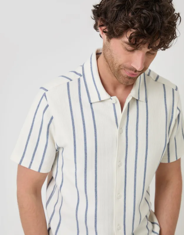 Plisse Rib Short Sleeve Shirt in Cream Stripe made by Threadbare