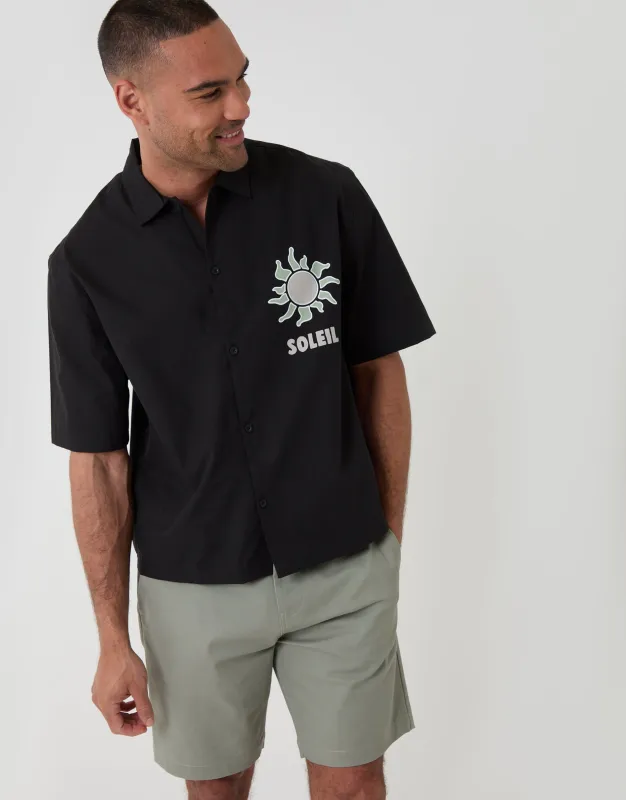 Boxy Fit Soleil Print Cotton Poplin Short Sleeve Shirt in Black made by Threadbare