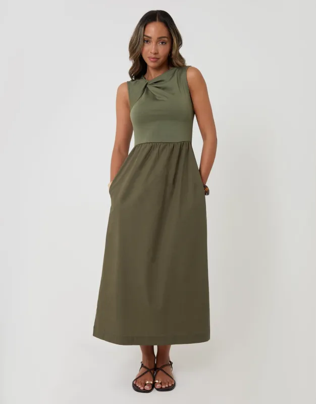 Twist Detail 2-in-1 Midi Dress with Poplin Skirt in Khaki Green made by Threadbare