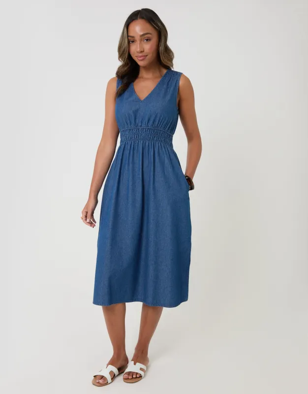 Ruched Waist Denim Midi Dress in Mid Wash made by Threadbare