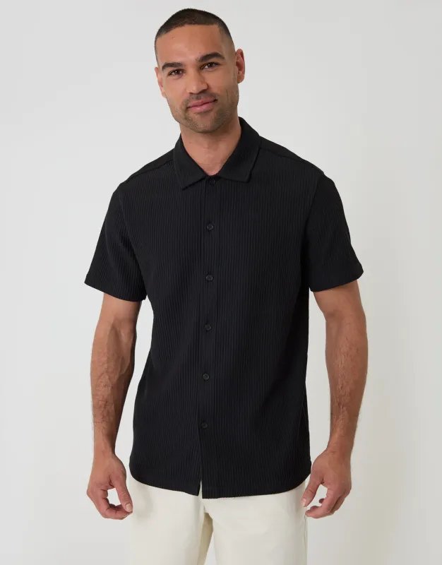 Plisse Rib Short Sleeve Shirt in Black made by Threadbare