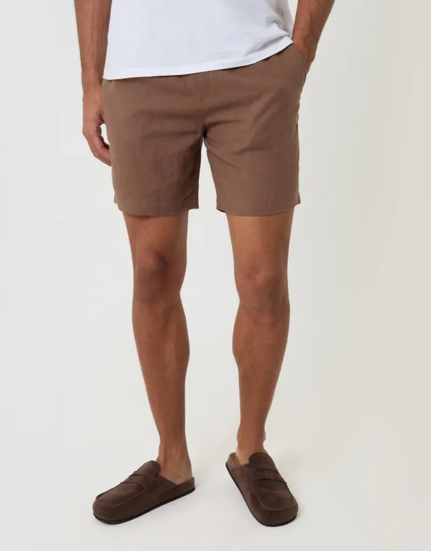 Shorter Length Elasticated Waist Linen Blend Shorts in Brown made by Threadbare
