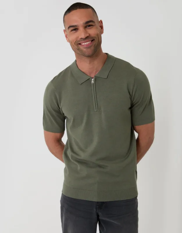 Green Quarter Zip Knitted Polo in Dark Sage Green made by Threadbare