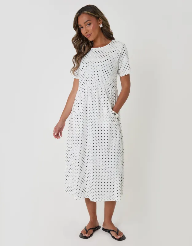 Pure Cotton Midi Smock Dress with Pockets in Ecru Polka Dot made by Threadbare