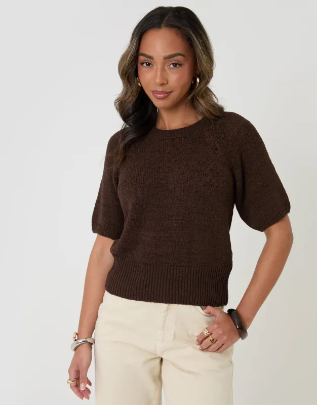 Knitted Yarn Short Sleeve T-Shirt in Chocolate Brown made by Threadbare