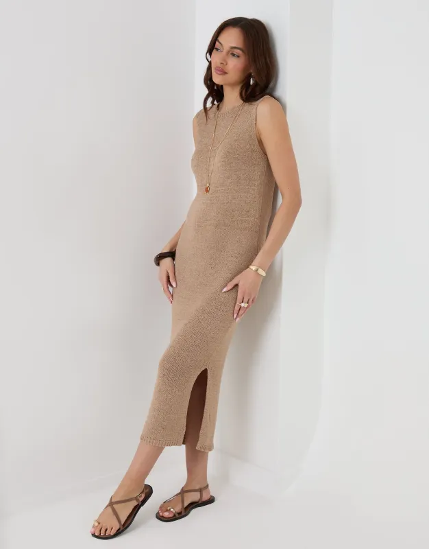Knitted Yarn Midi Dress in Taupe made by Threadbare