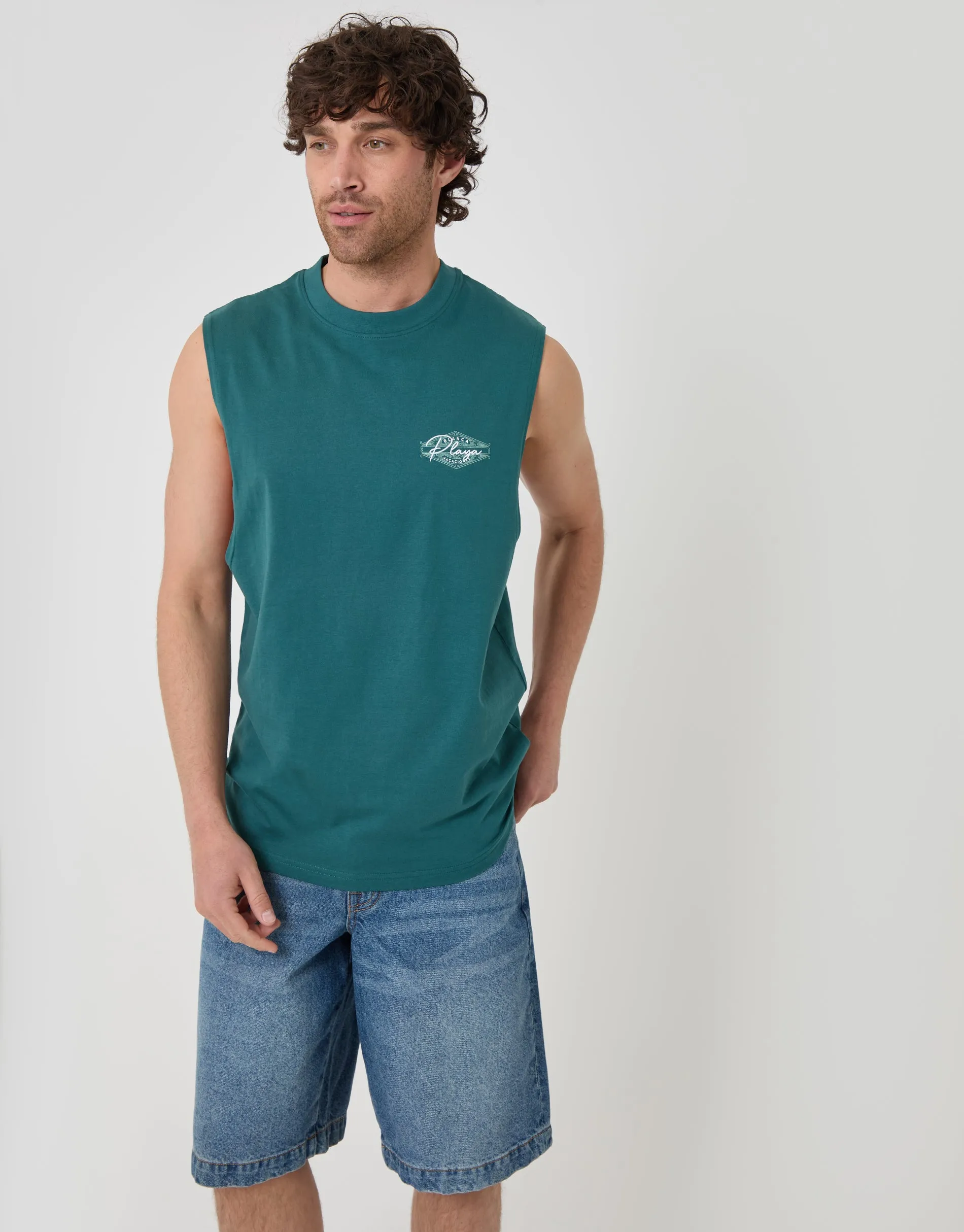 Relaxed Fit Playa Cotton Vest in Teal Green sold by Threadbare product image thumbnail 2