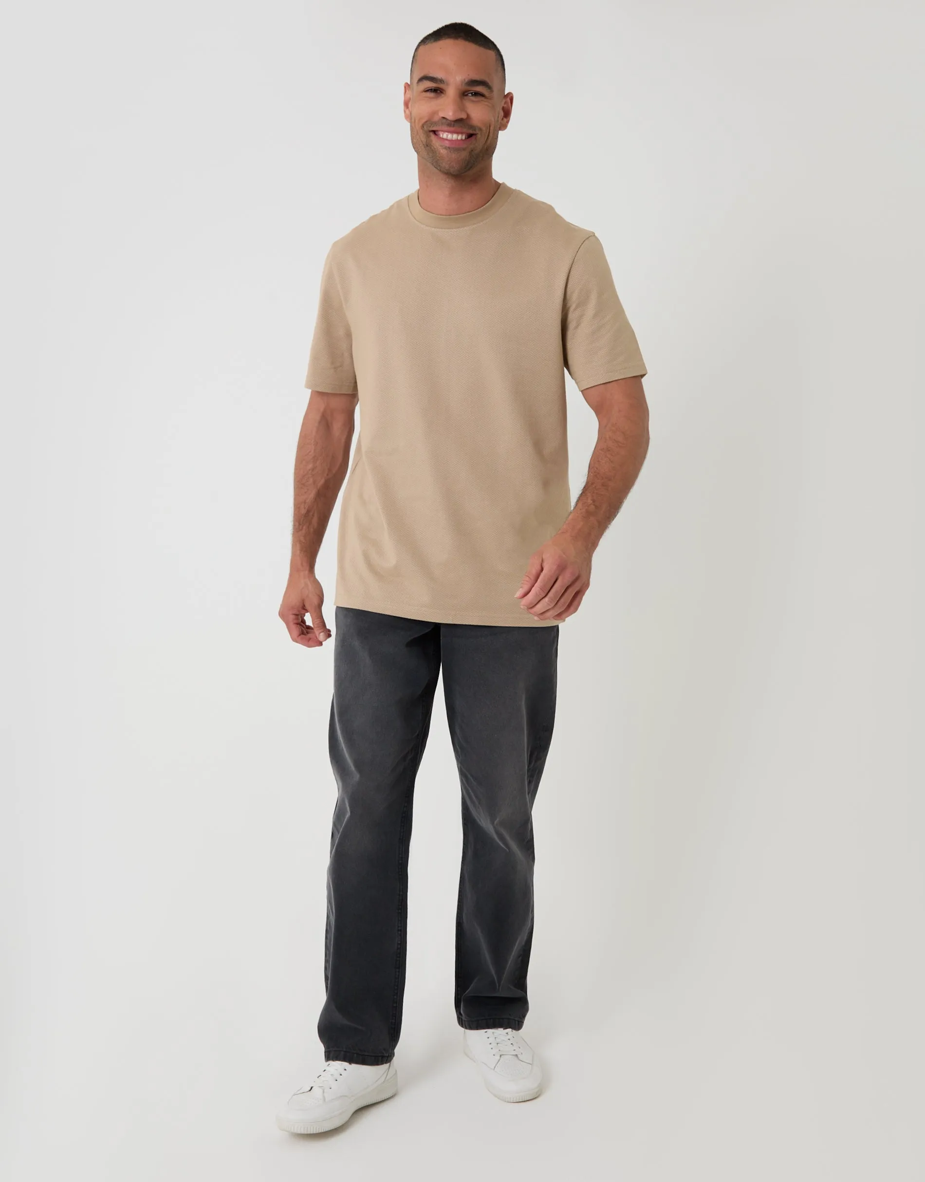 Relaxed Fit Textured Cotton Crew Neck T-Shirt in Stone sold by Threadbare product image thumbnail 3