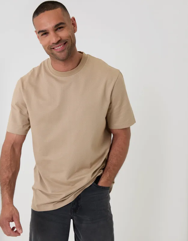 Relaxed Fit Textured Cotton Crew Neck T-Shirt in Stone made by Threadbare