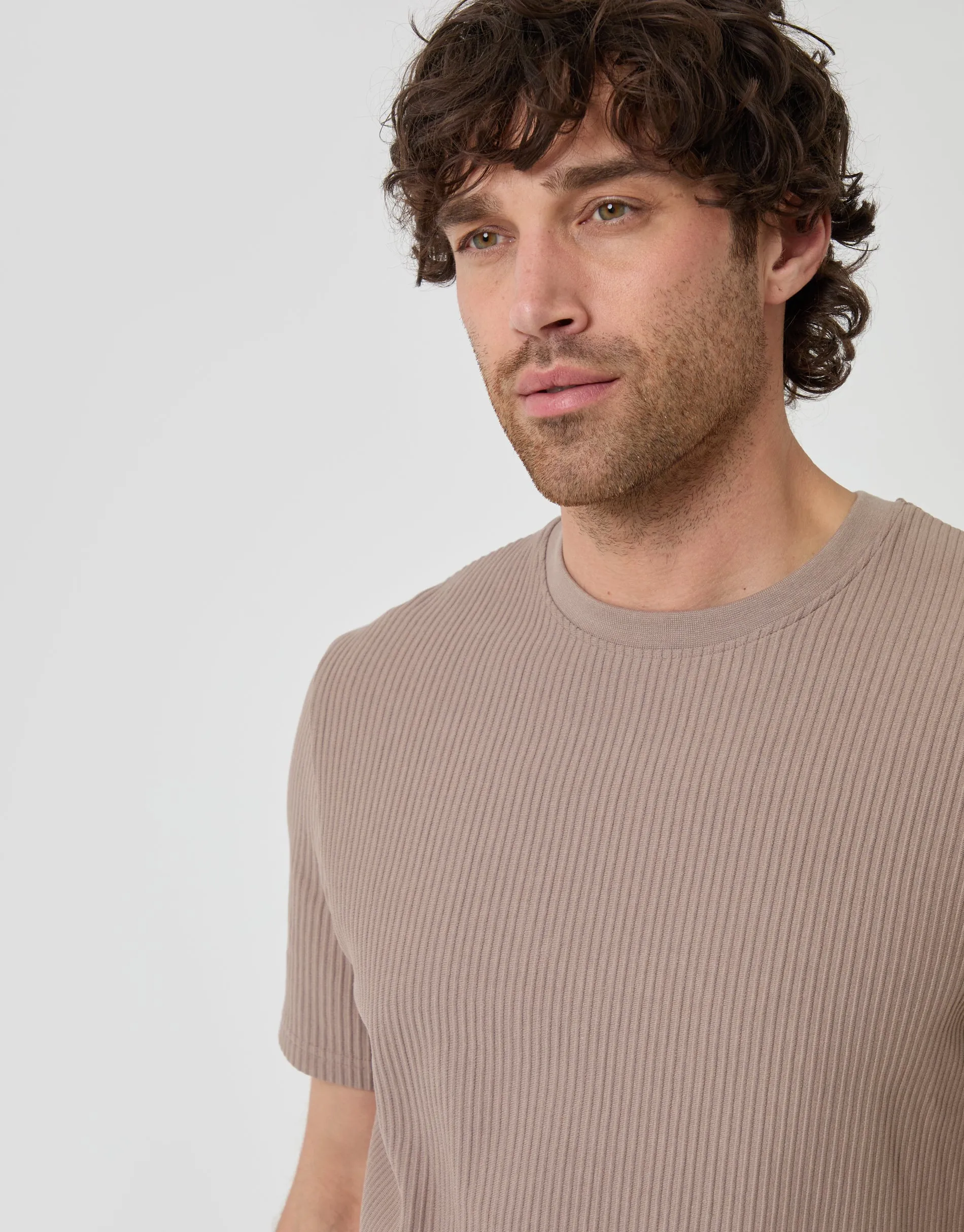 Textured Rib Cotton Crew Neck T-Shirt in Taupe sold by Threadbare product image thumbnail 4