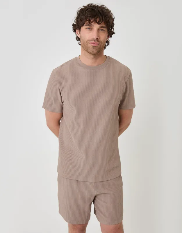 Textured Rib Cotton Crew Neck T-Shirt in Taupe made by Threadbare
