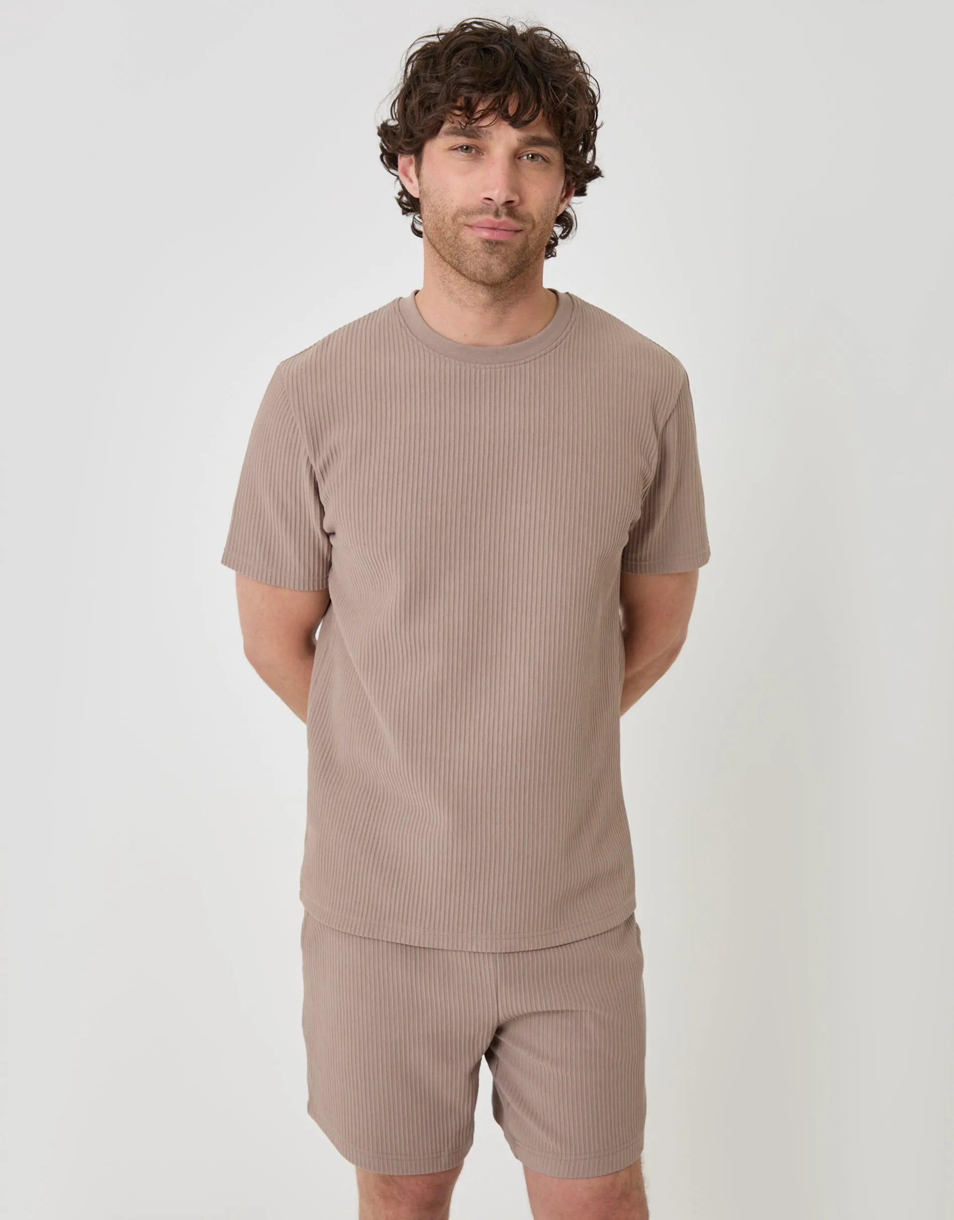 Textured Rib Cotton Crew Neck T-Shirt in Taupe sold by Threadbare