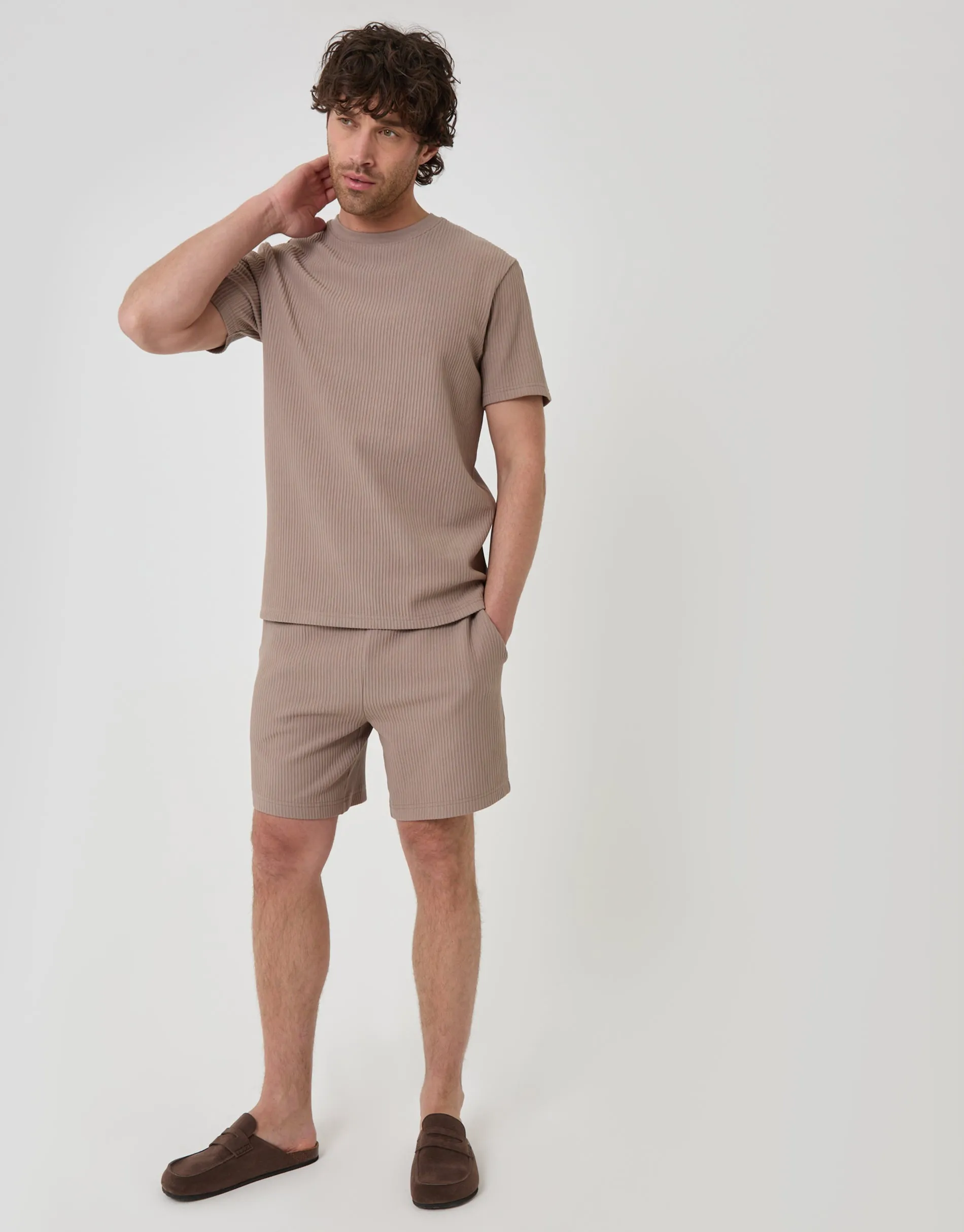 Textured Rib Cotton Crew Neck T-Shirt in Taupe sold by Threadbare product image thumbnail 3