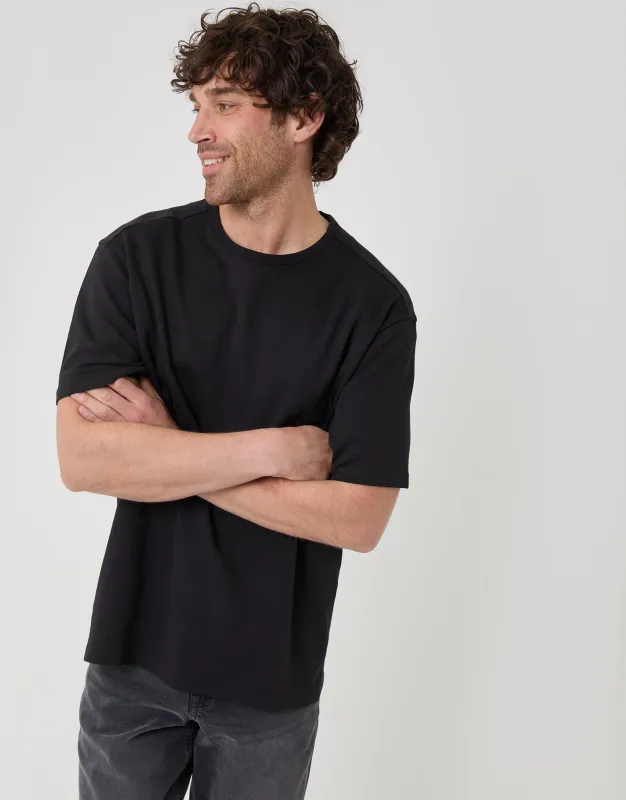 Relaxed Fit Textured Cotton T-Shirt in Black made by Threadbare