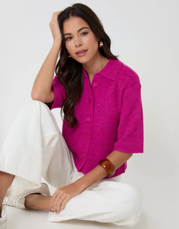 Knitted Button Up Polo Shirt in Pink made by Threadbare