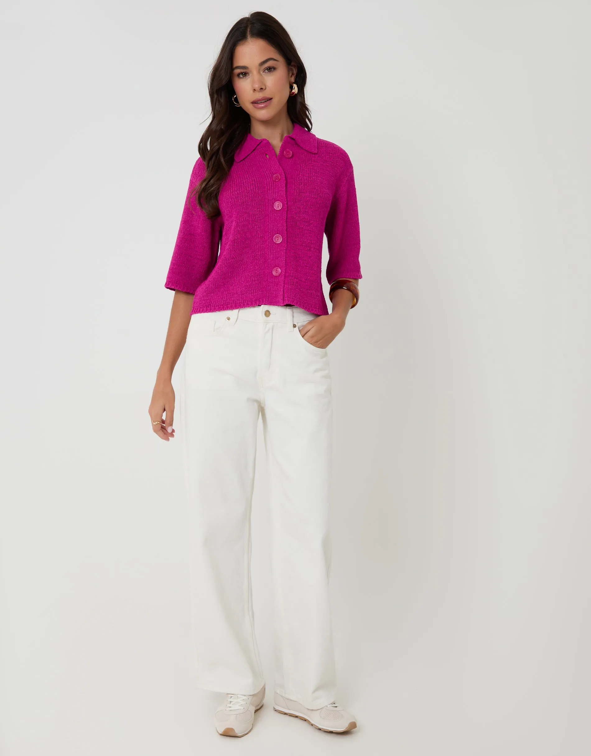 Knitted Button Up Polo Shirt in Pink sold by Threadbare product image thumbnail 3