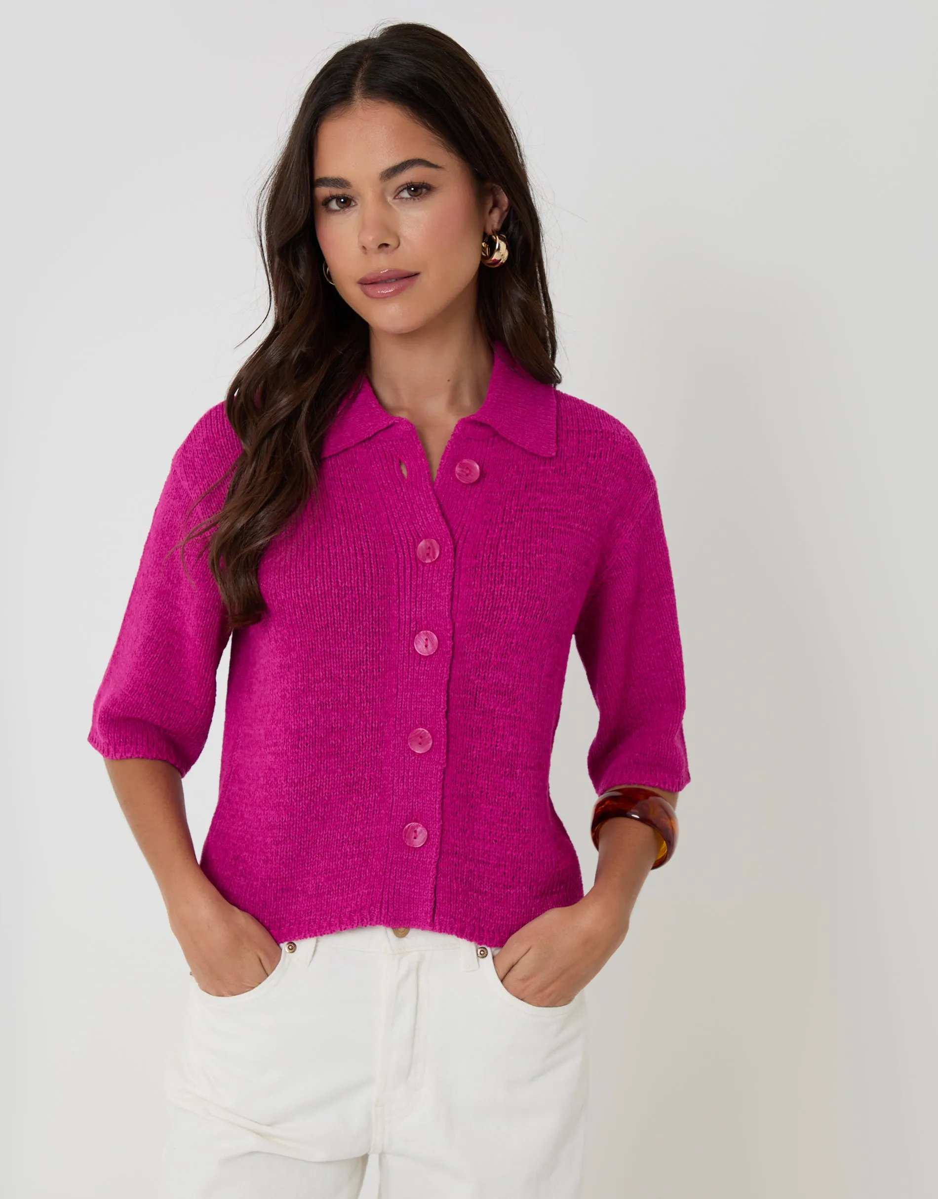 Knitted Button Up Polo Shirt in Pink sold by Threadbare product image thumbnail 4
