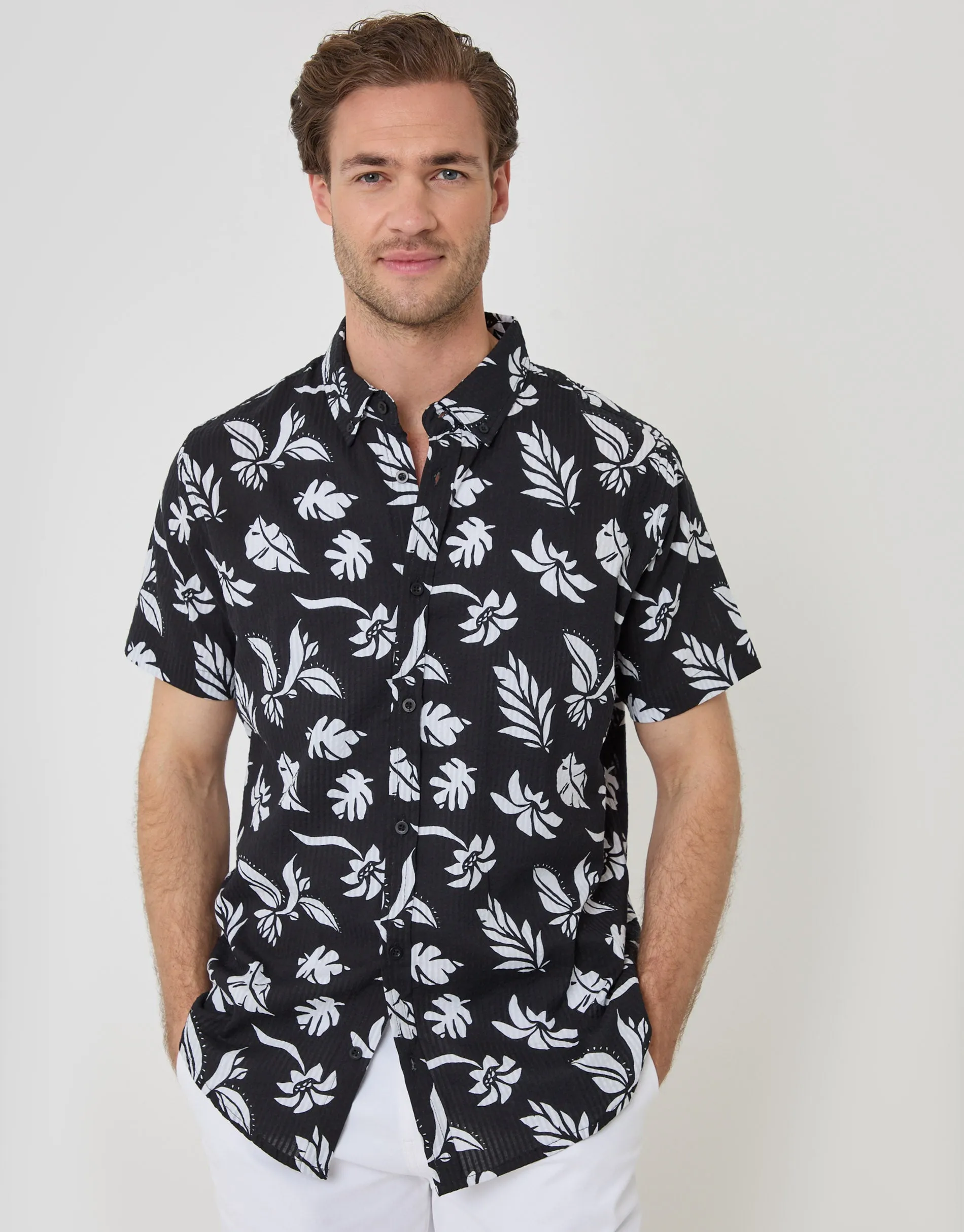 Plant Print Textured Cotton Short Sleeve Shirt in Black sold by Threadbare product image thumbnail 5