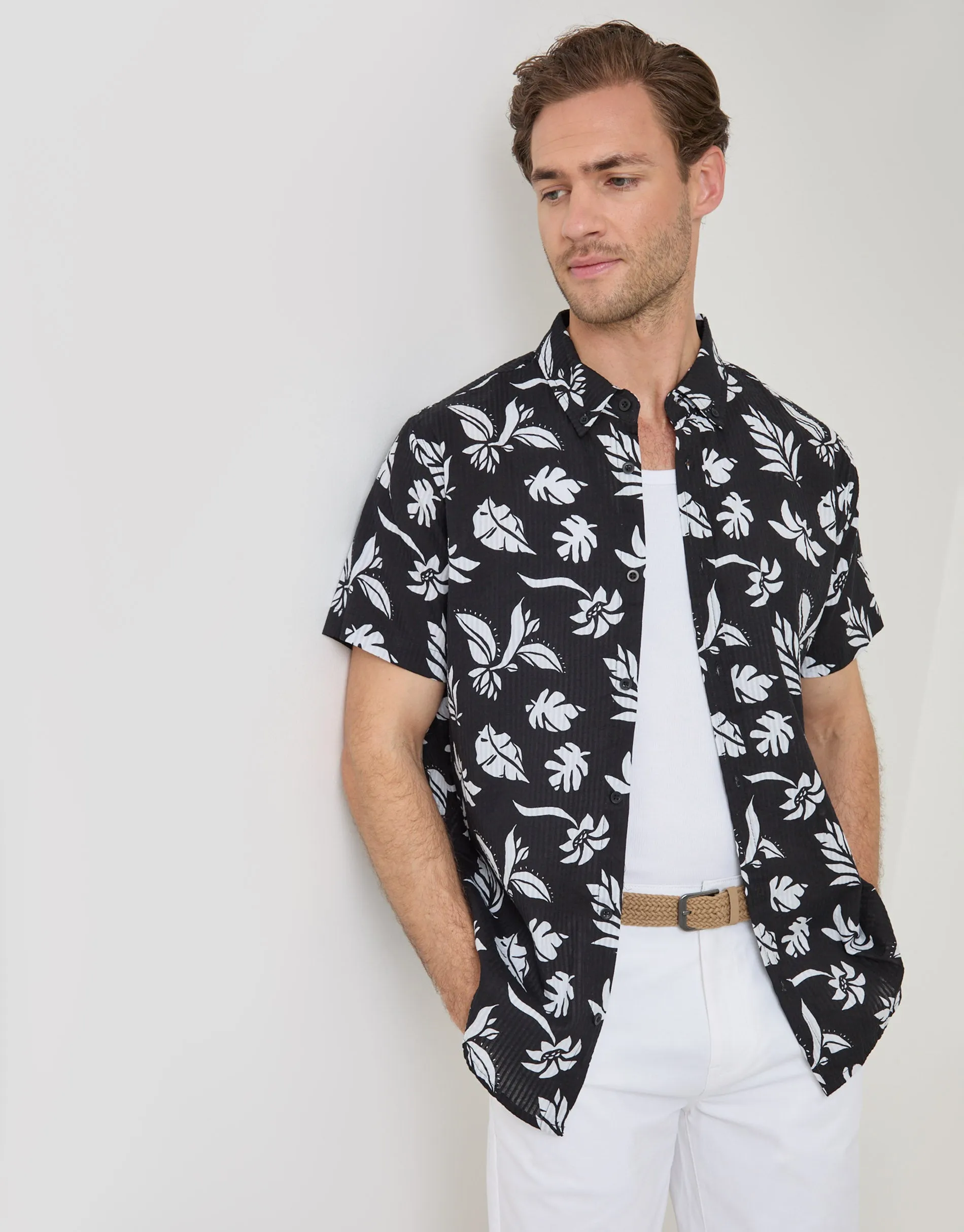 Plant Print Textured Cotton Short Sleeve Shirt in Black sold by Threadbare