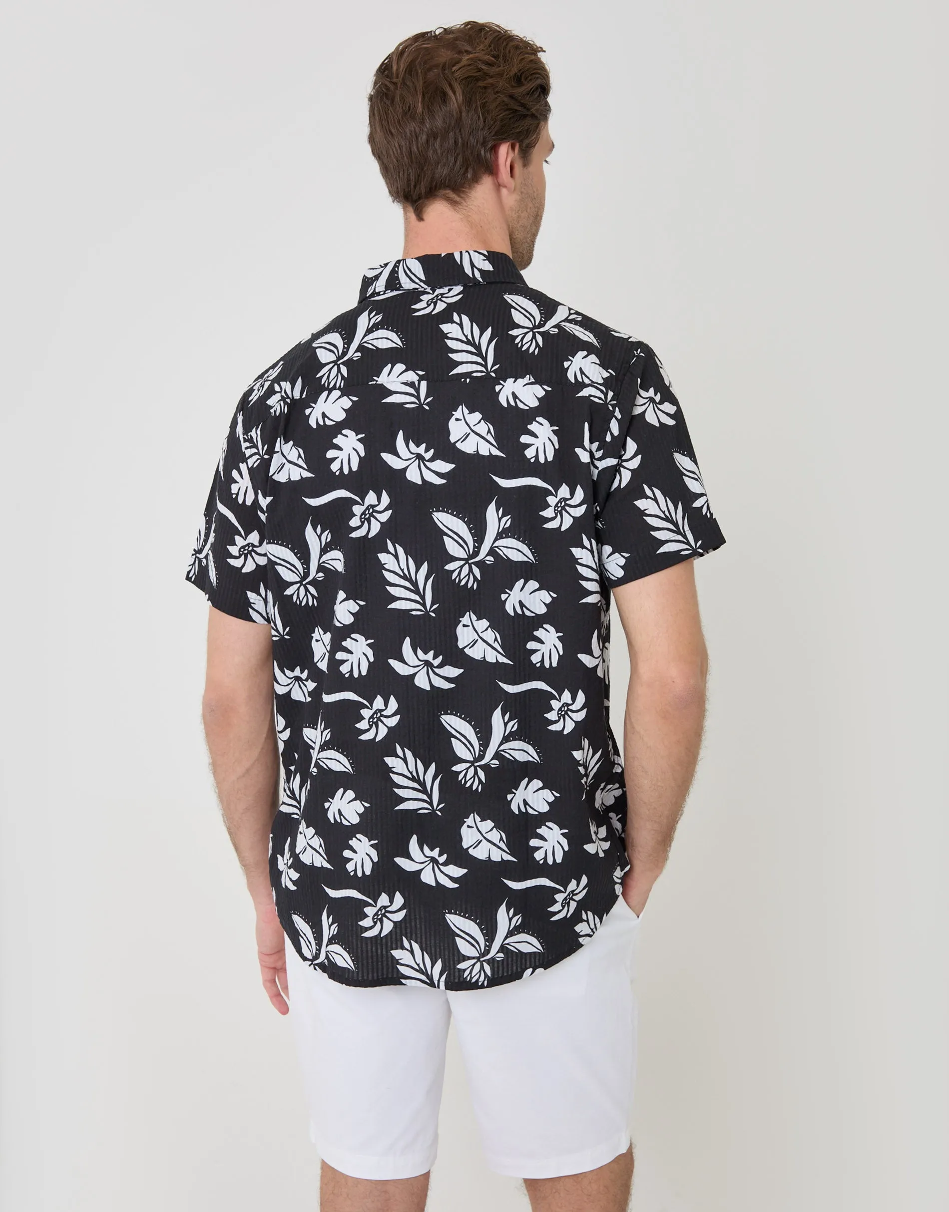 Plant Print Textured Cotton Short Sleeve Shirt in Black sold by Threadbare product image thumbnail 3